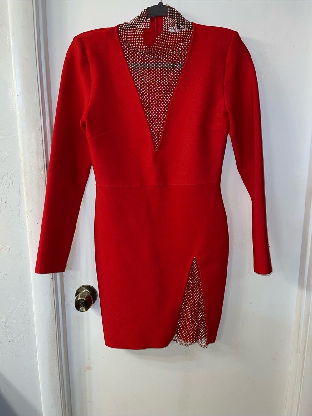 Red Long-Sleeve V-Neck Dress with Mesh Inset